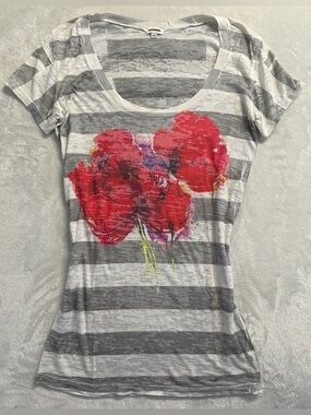 Y2K KISMET women's sheer white striped floral tee, S.